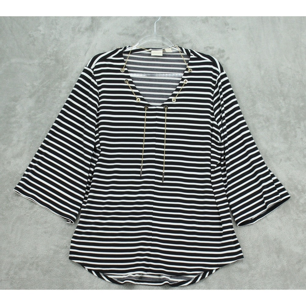 Chicos Blouse Womens 2 US Large Striped Chain Lace Up Bell Sleeve Nautical Tunic